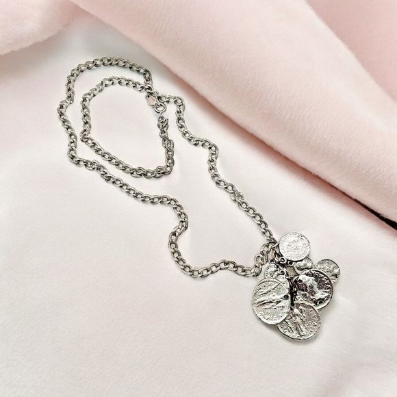 Accessocraft NYC Coin Necklace Vtg Old World Roman Textured Links Dangle Charm - Picture 1 of 11
